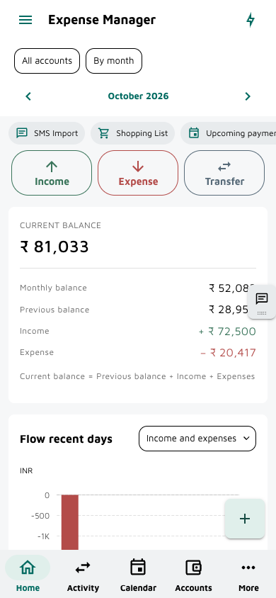 Simple Expense Manager dashboard with sample balances, expenses and budgets